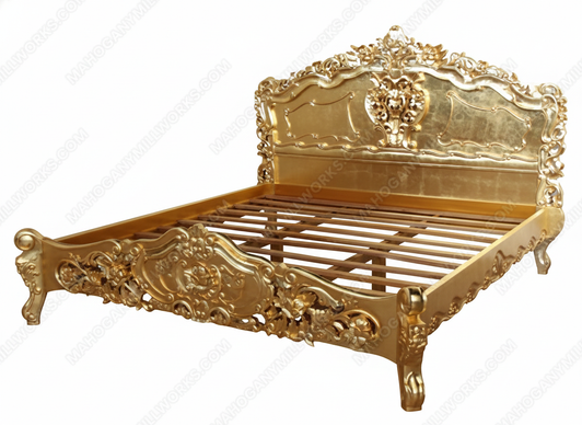 Gold Leaf French Rococo Carved Panel Bed