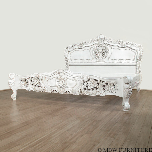 White Satin French Rococo Carved Panel Bed
