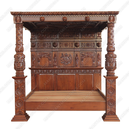King James Light Walnut Gothic Ornate Four Post Canopy Bed