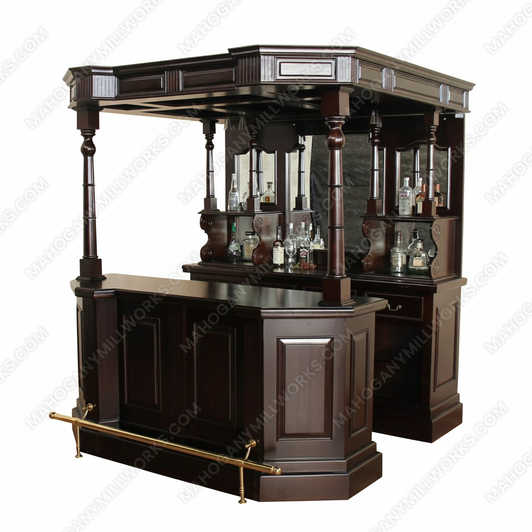 6.5ft Dark Mahogany Traditional Canopy Pub Bar w/ Brass Rails