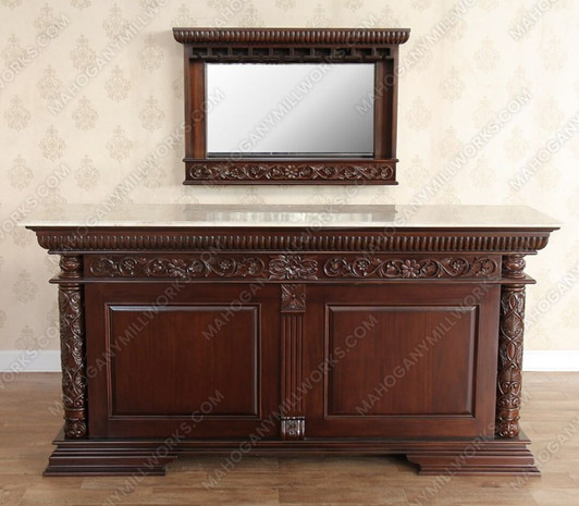 7Ft Mahogany Home Pub Bar w/ Marbletop & Wall Mirror