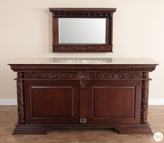 7Ft Mahogany Home Pub Bar w/ Marbletop & Wall Mirror