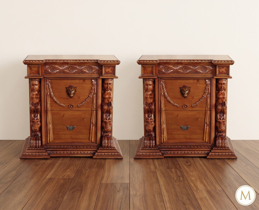 Light Mahogany Gothic Nightstand Chests (2)