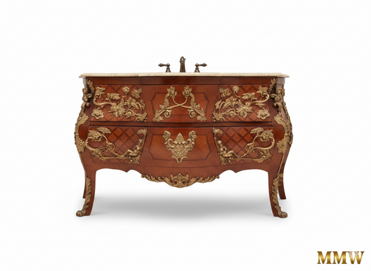French Louis XV Rococo Bombe Bathroom Vanity with Marble Top and Gilt Bronze Mounts