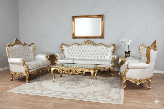 6pc Royal Gold Leaf & Ivory Velvet Upholstered Living Room Seating Set