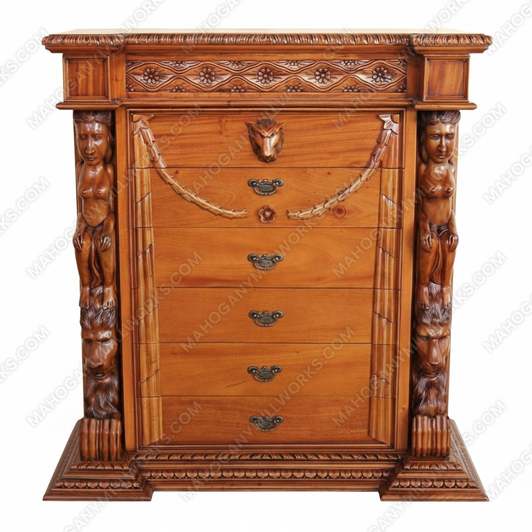 Mahogany Light Finish Medieval Gothic Tall Chest