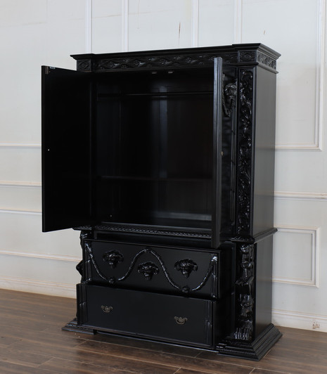 Hand-Carved Gothic Revival Black Mahogany Armoire