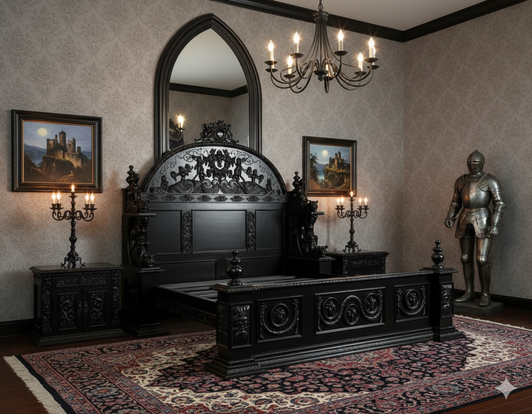 Black Gothic Ornate Heavily Carved Bed