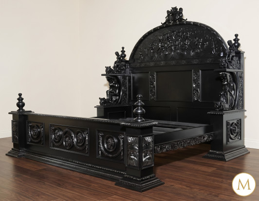 3pc Ornate Black Mahogany Renaissance Revival Bedroom Set with Decorative Panel Headboard