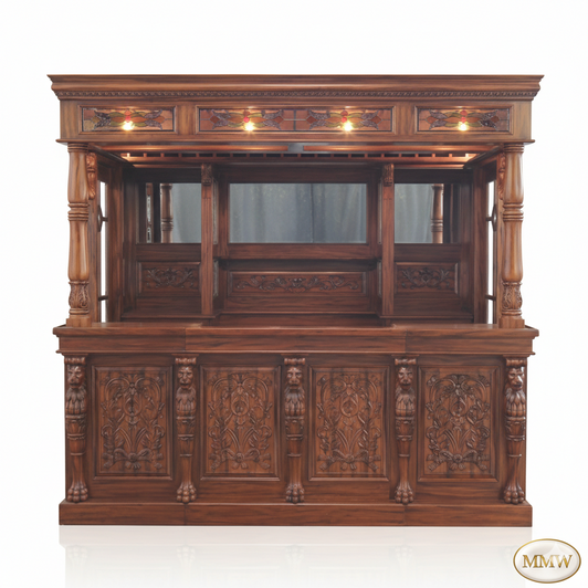 8.5ft Mahogany Ornate Lion Carved Pub Bar
