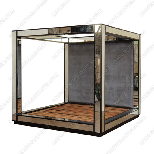 Mirrored Four Post Canopy Bed w/ Grey Velvet Upholstered Headboard