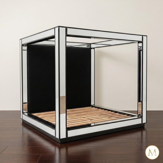 Mirrored Four Post Canopy Bed w/ Velvet Upholstered Headboard