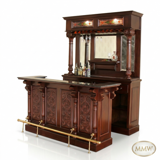 7ft Mahogany Hand Carved Home Pub Bar w/ Granite Top