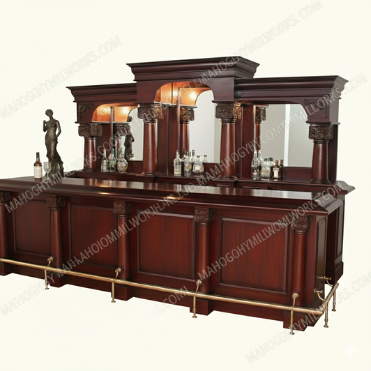 12ft Mahogany Traditional English Pub Bar w Brass Rails