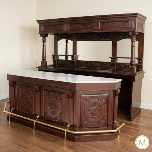 9ft Mahogany Hand Carved Marble Top Home Pub Bar