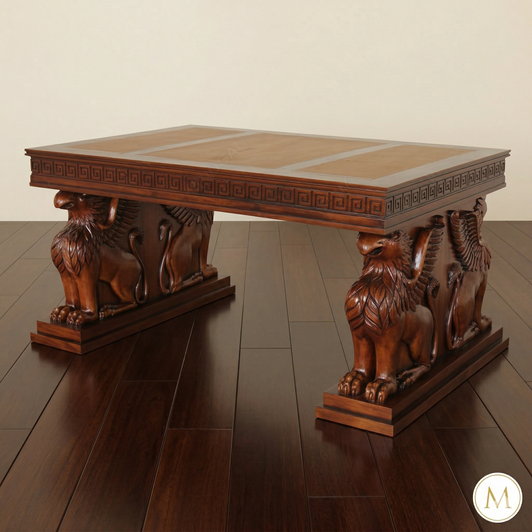 Mahogany Carved Griffin Pedestal Desk