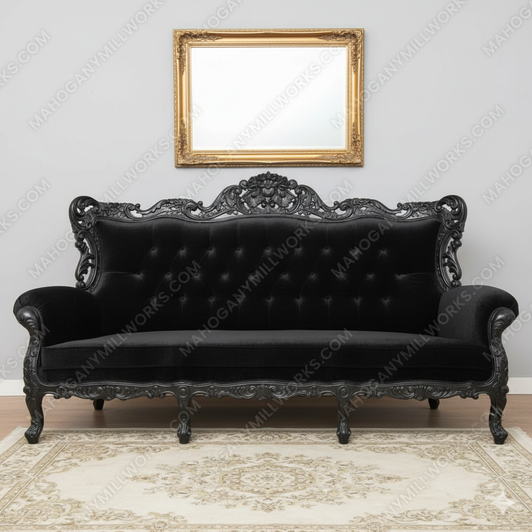 Black Rococo 3 Seater Tufted Sofa Couch