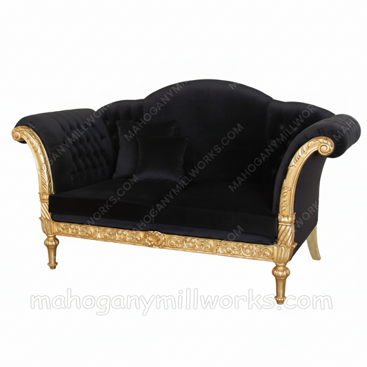 86"W Black Velvet Loveseat w/ Carved Gold Frame