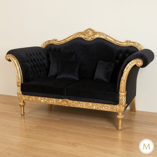 86"W Black Velvet Loveseat w/ Carved Gold Frame