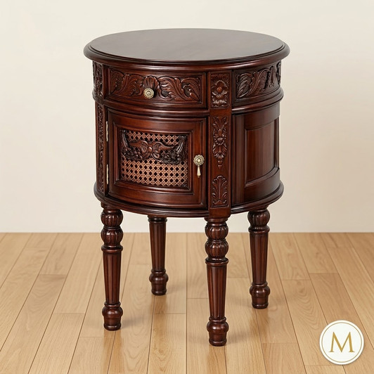 Mahogany & Rattan Round Louis Nightstand Bedside Table