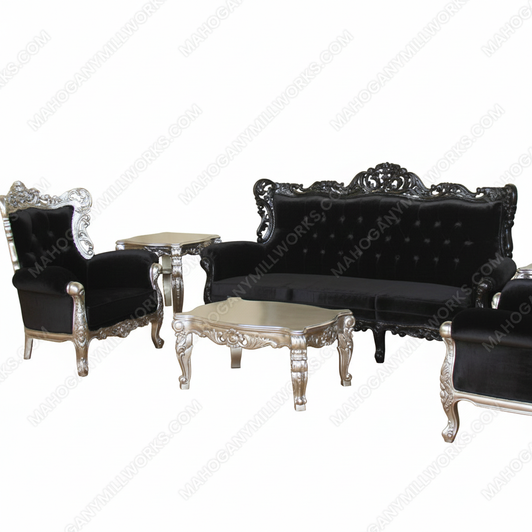 5pc Gothic Black Velvet & Silver Living Room Set