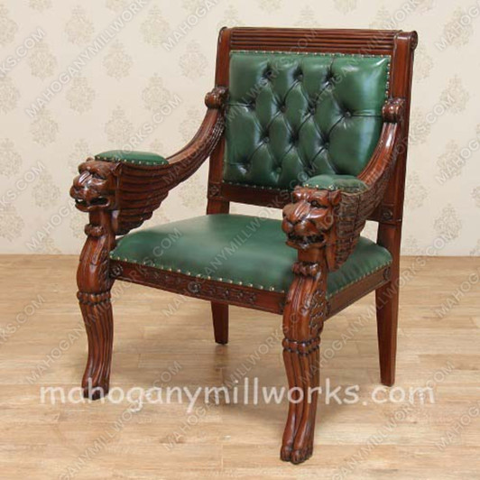 Mahogany Carved Occasional Lion Chair w/ Genuine Leather