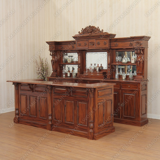 10.5ft Custom Mahogany Lady Carved Saloon Pub Bar