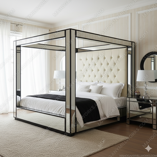 Mirrored 4-Post Canopy Mansion Bed w/ cream velvet button tufted headboard (E. King)