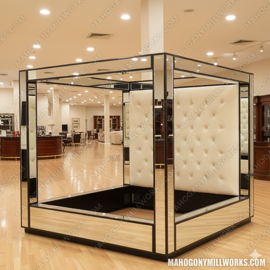 Mirrored 4-Post Canopy Mansion Bed w/ cream velvet button tufted headboard (E. King)