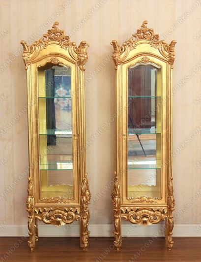 Rococo Gold Leaf Vitrine Curio Cabinet Pair (2)