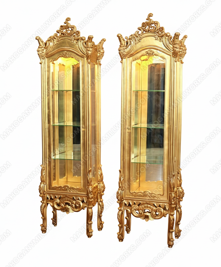 Custom Rococo Gold Leaf Curio Display Vitrine Cabinets (Pair of 2)