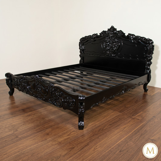 Glossy Black French Rococo Carved Panel Bed