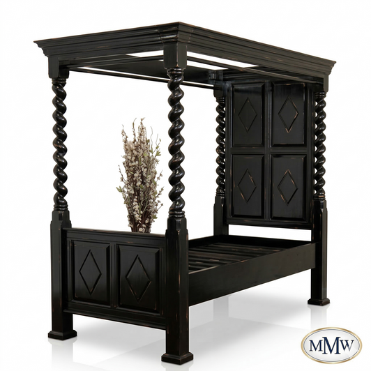 Black Distressed XL Twin Canopy Four Post Bed