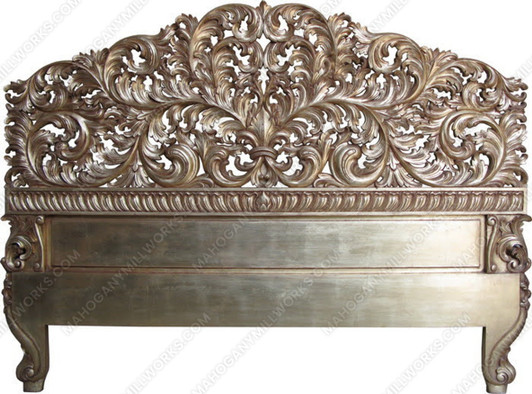 Antique Silver Leaf Rococo King Headboard w/ Coffee Amber Patina