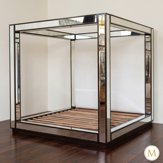 Luxurious Mirrored Canopy Bed w/ White Upholstered Headboard