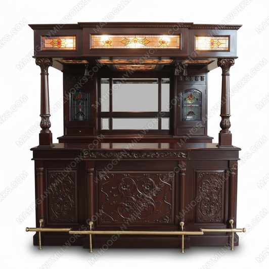 Dark mahogany victorian stained glass canopy pub bar