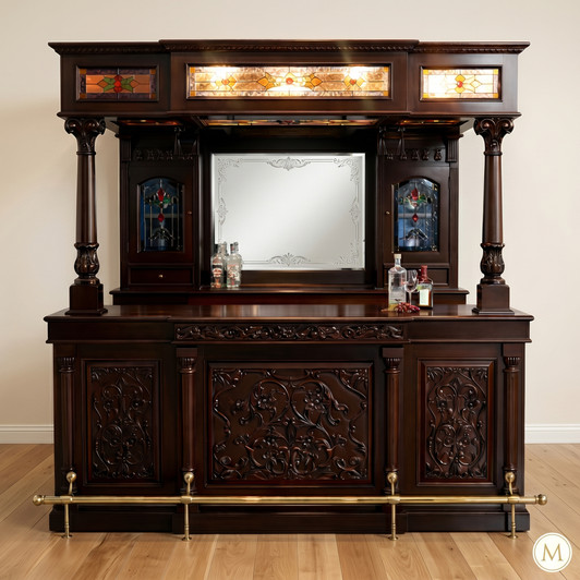 Dark Mahogany Victorian Stained Glass Canopy Pub Bar