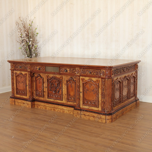 7ft Mahogany Presidential Resolute Desk w/ Mappa Burl Inlay Wood Top - 2-Tone