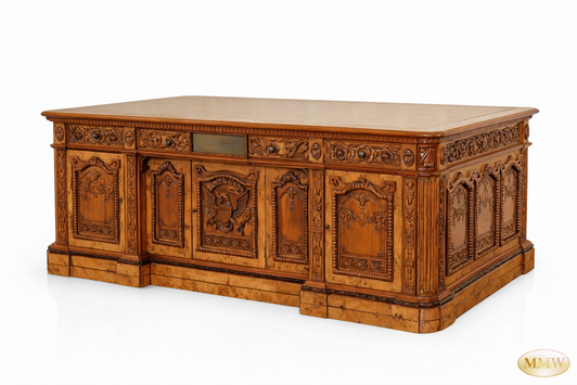 7ft Intricately Carved Resolute Desk w/ Mappa Burl Inlay Wood Top (2-Tone)