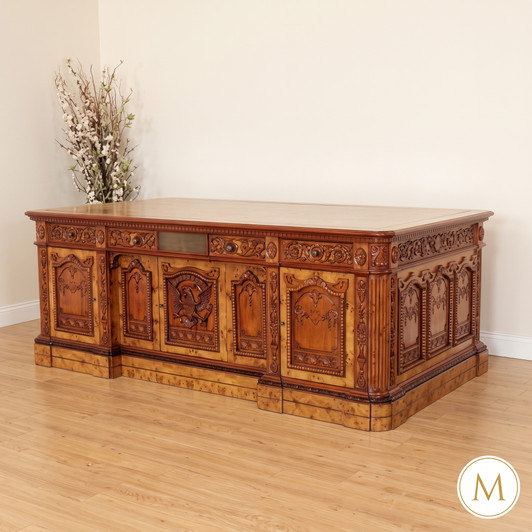7ft Mahogany Presidential Resolute Desk w/ Mappa Burl Inlay Wood Top - 2-Tone
