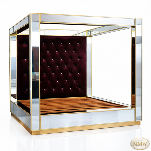 Glamorous gold and velvet mirrored canopy bed