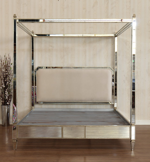 Modern Sleek Mirrored Canopy Bed w/ Velvet Headboard
