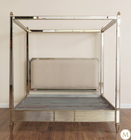 Modern Sleek Mirrored Canopy Bed w/ Velvet Headboard