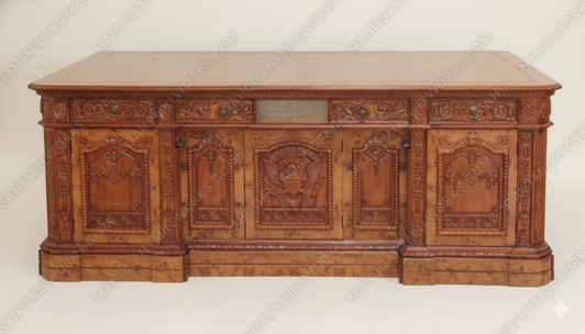 7ft Mahogany Presidential Resolute Desk w/ Mappa Burl Inlay Wood Top - Medium