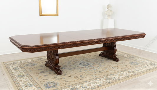 12ft Victorian Gothic Pedestal Dining or Conference Table w/ Marquetry Inlay