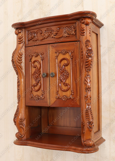 Custom mahogany over-the-toilet bathroom cabinet