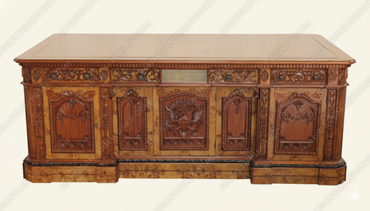 7ft Mahogany Resolute Desk w/ Mappa Burl Inlay Wood Top - 2-Tone