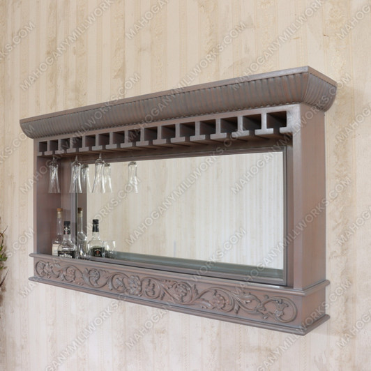 Large Grey Washed Wall Hanging Liquor & Wine Bottle Rack Bar w/ Mirror (60L x 32H)