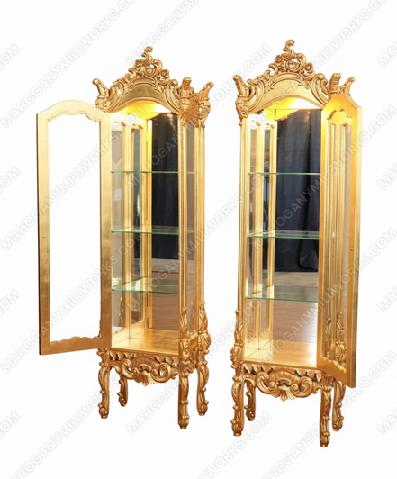 Custom Gold Leaf Rococo Curio Display Vitrine Cabinets (2)