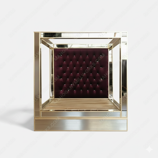 Mirrored Canopy Bed w/ Upholstered Velvet Tufted Headboard